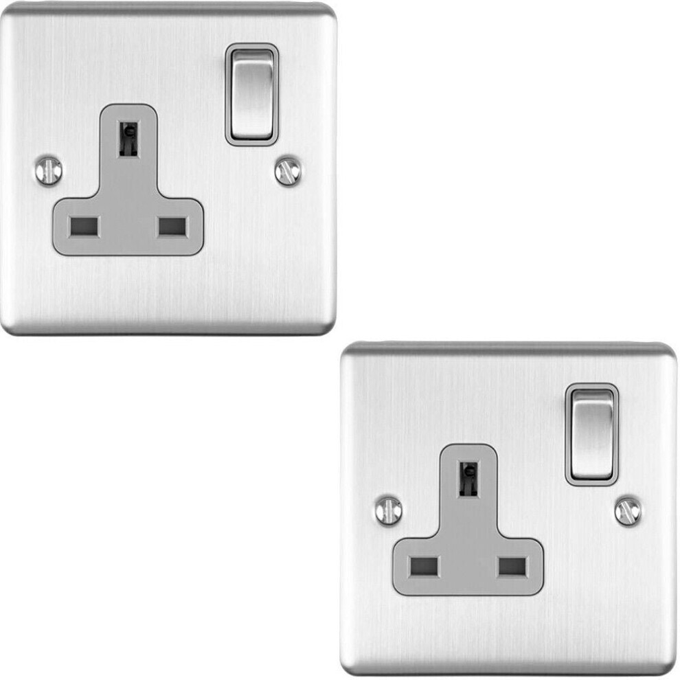 2 PACK 1 Gang Single UK Plug Socket SATIN STEEL 13A Switched Grey Trim Plate