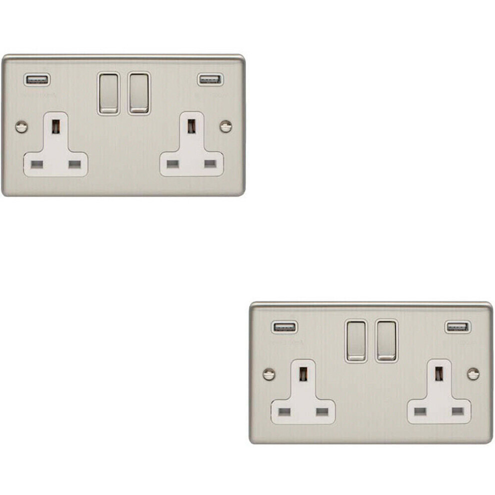 2 PACK 2 Gang Single UK Plug Socket & 2.1A USB SATIN STEEL & White 13A Switched