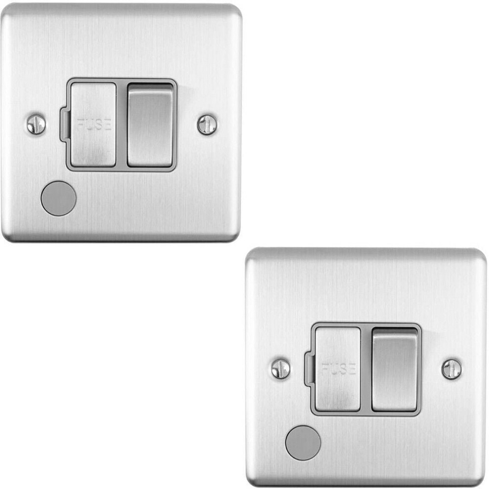 2 PACK 13A DP Switched Fuse Spur & Flex Outlet SATIN STEEL & Grey Isolation