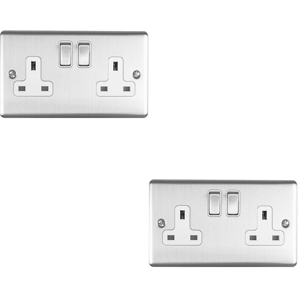 2 PACK 2 Gang Double UK Plug Socket SATIN STEEL & White 13A Switched Outlet