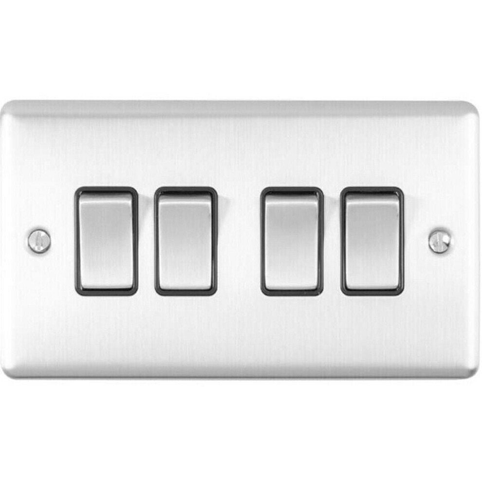 4 Gang Quad Light Switch SATIN STEEL 2 Way 10A Black Trim & Metal Rocker