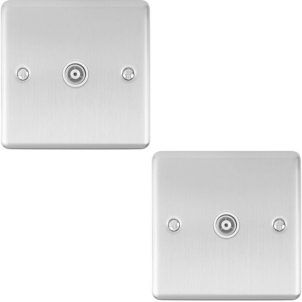 2 PACK SATIN STEEL Single Aerial Coaxial Socket Female Wall Plate White Trim