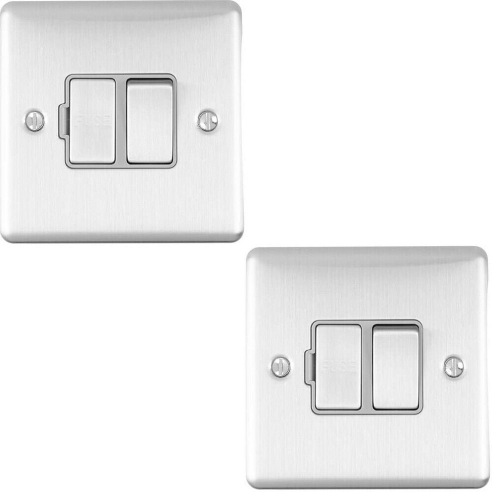 2 PACK 13A DP Switched Fuse Spur SATIN STEEL & Grey Mains Isolation Wall Plate