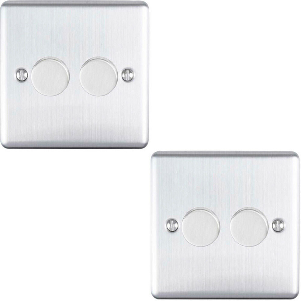 2 PACK 2 Gang 400W 2 Way Rotary Dimmer Switch SATIN STEEL Light Dimming Plate