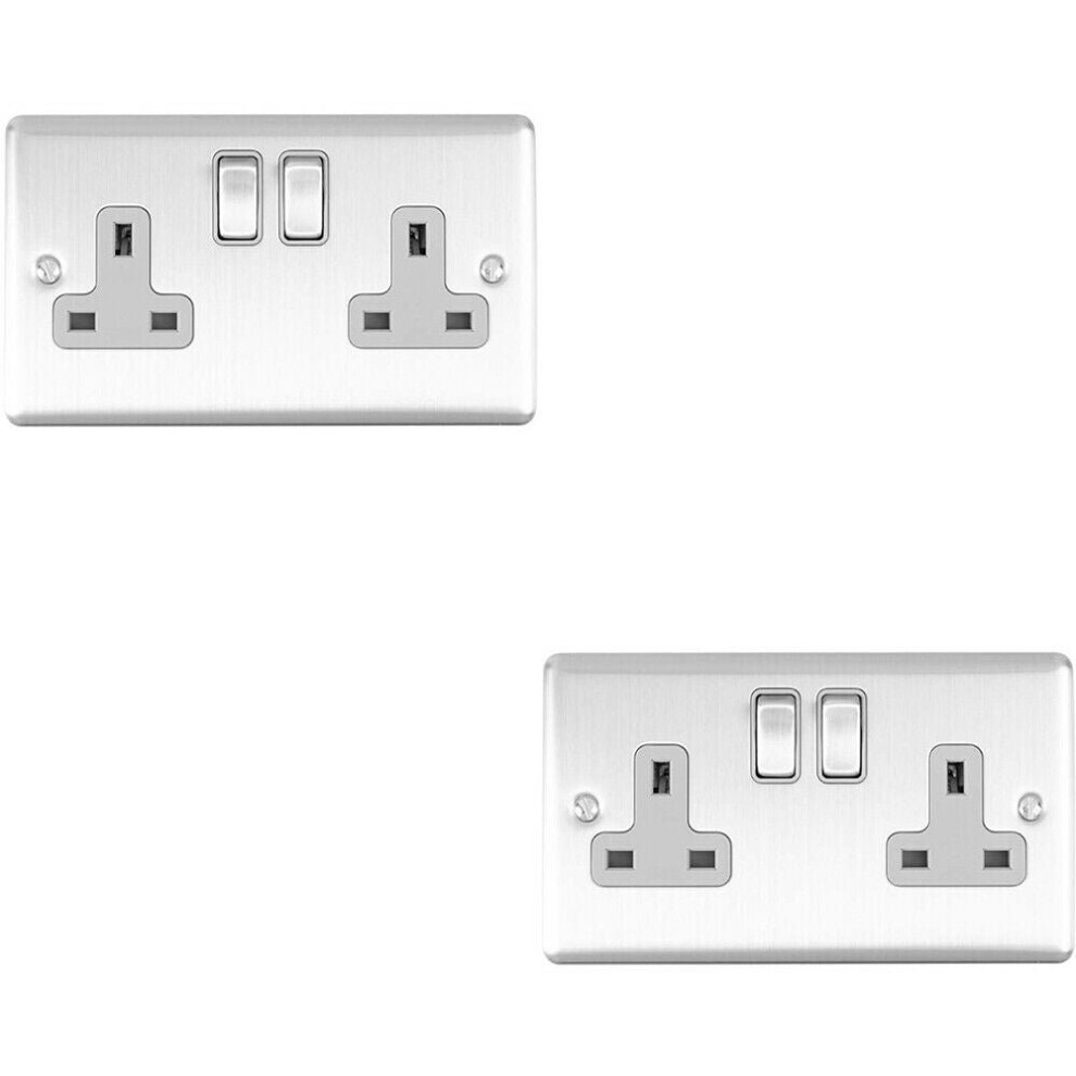 2 PACK 2 Gang Double UK Plug Socket SATIN STEEL & Grey 13A Switched Outlet