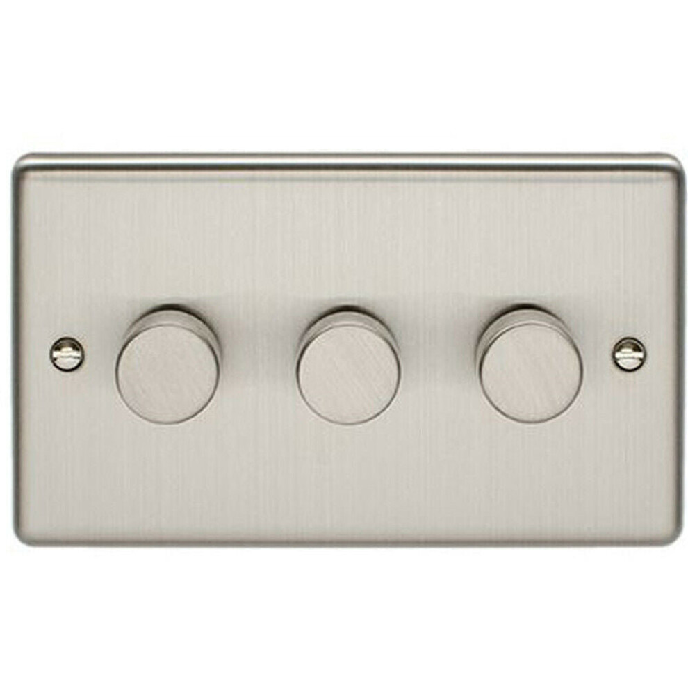 3 Gang 400W 2 Way Rotary Dimmer Switch SATIN STEEL Light Dimming Wall Plate