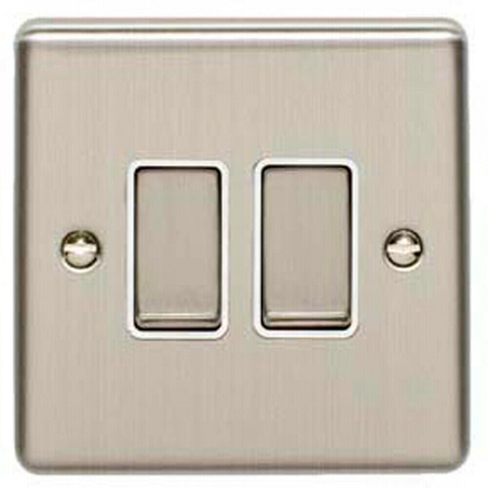 2 Gang Double Light Switch SATIN STEEL 2 Way 10A White Trim & Metal Rocker