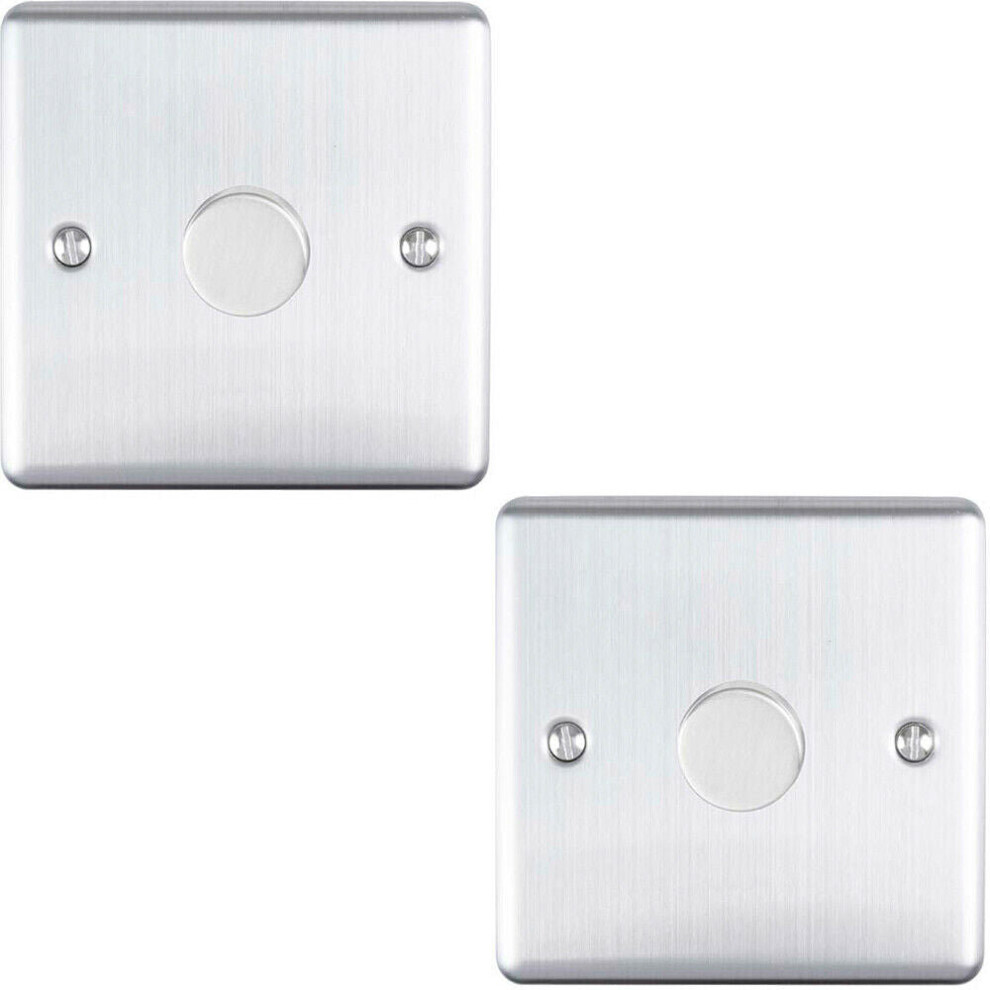 2 PACK 1 Gang 400W 2 Way Rotary Dimmer Switch SATIN STEEL Light Dimming Plate