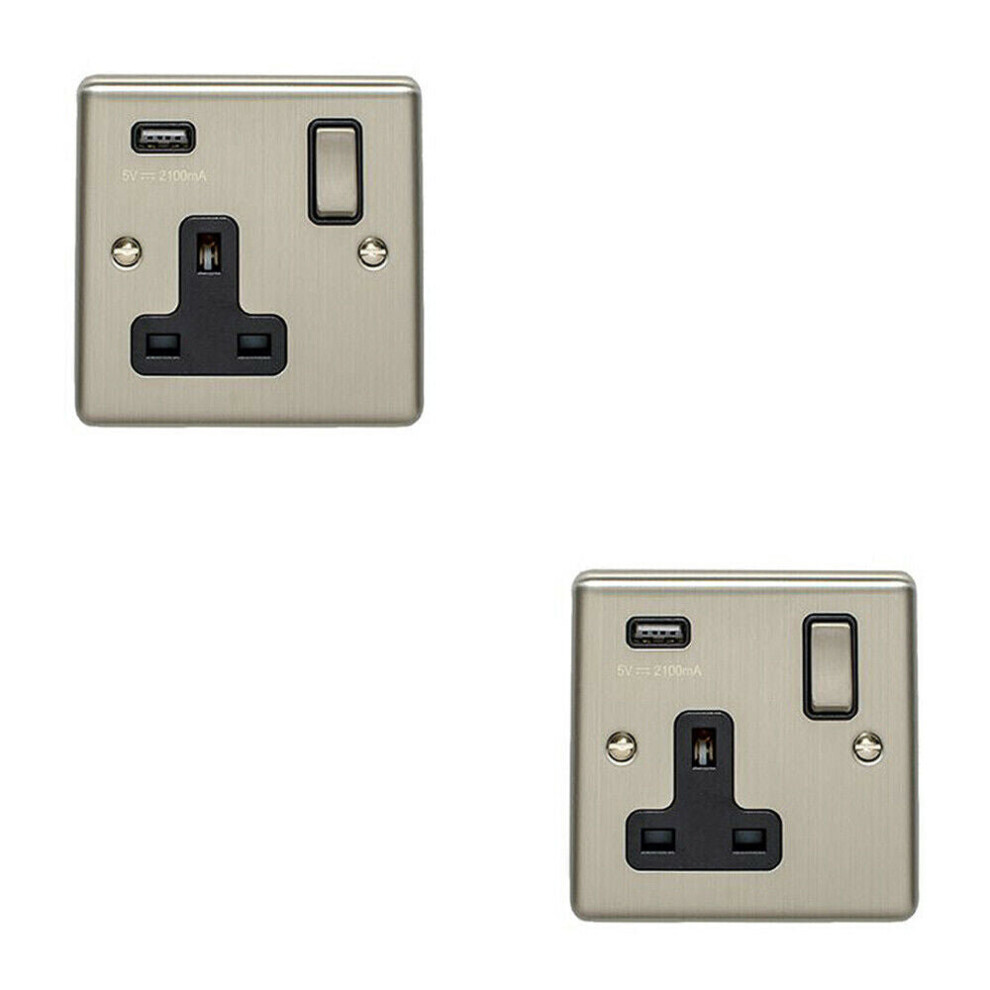 2 PACK 1 Gang Single UK Plug Socket & 2.1A USB SATIN STEEL & Black 13A Switched