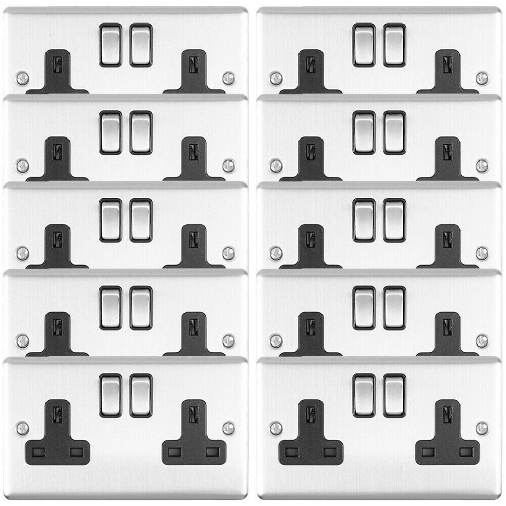 10 PACK 2 Gang Double UK Plug Socket SATIN STEEL & Black 13A Switched Outlet