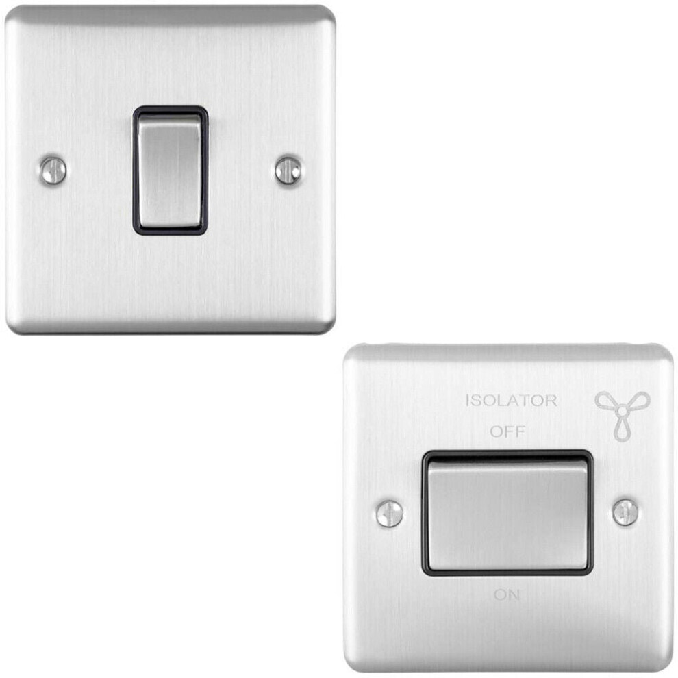 SATIN STEEL Bathroom Switch Set - 1x Light & 1x 6A Extractor Fan Isolator Switch