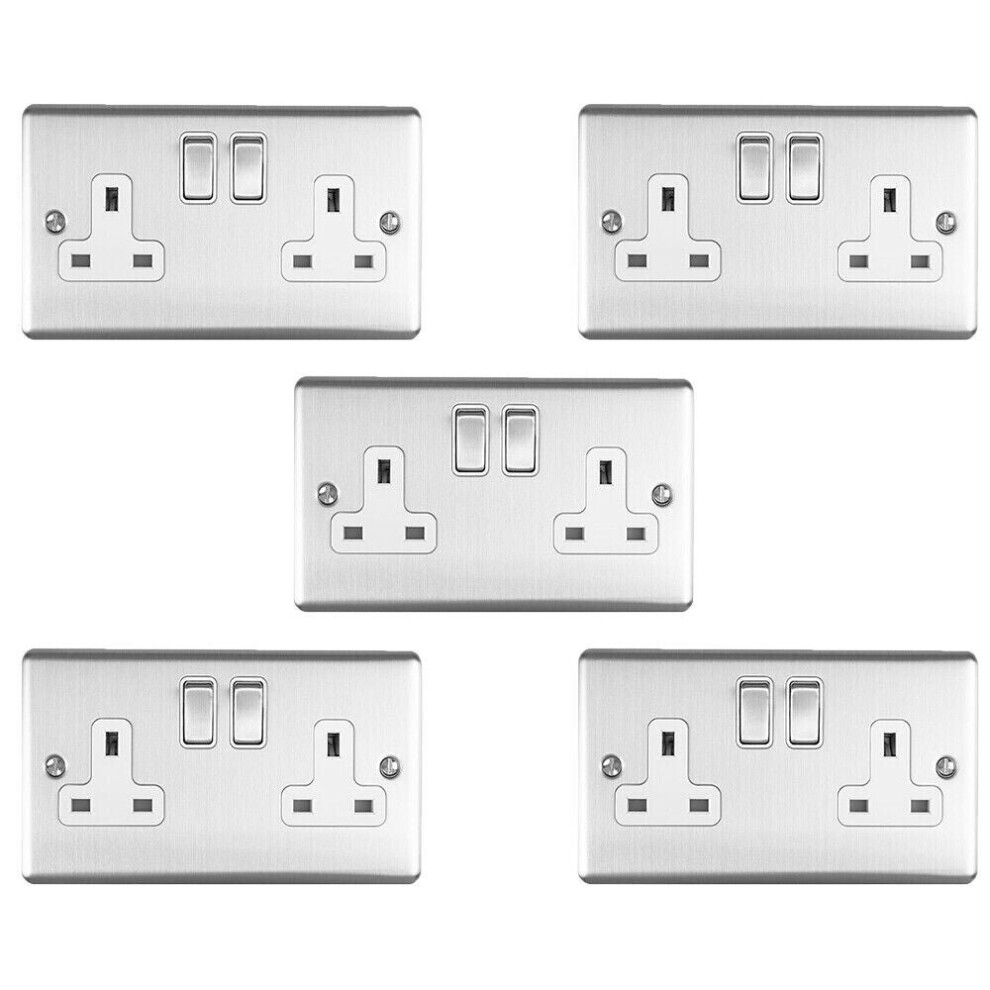 5 PACK 2 Gang Double UK Plug Socket SATIN STEEL & White 13A Switched Outlet