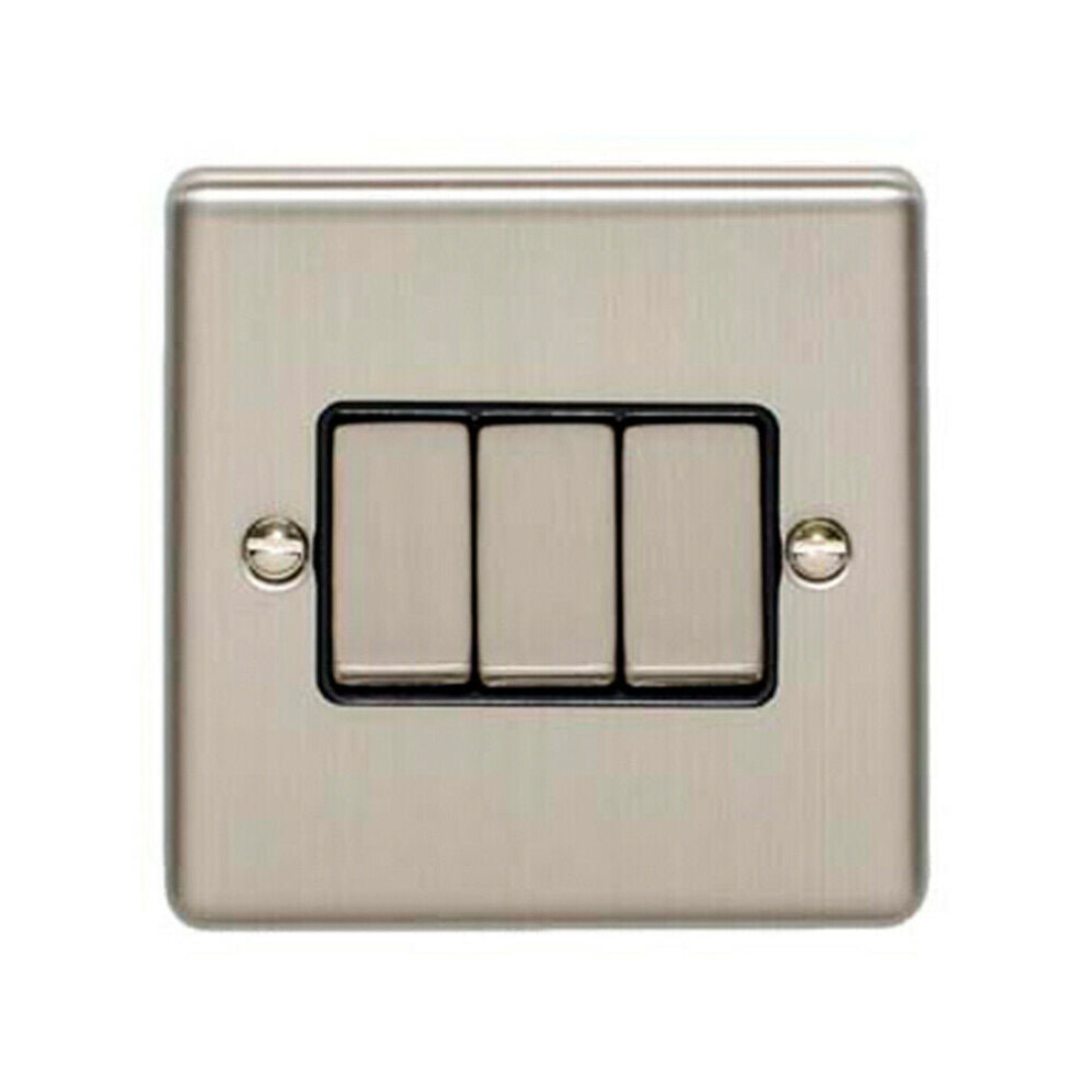 3 Gang Triple Light Switch SATIN STEEL 2 Way 10A Black Trim & Metal Rocker