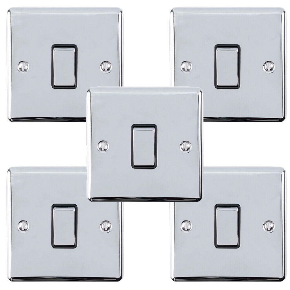 5 PACK 1 Gang Single Metal Light Switch POLISHED CHROME 2 Way 10A Black Trim