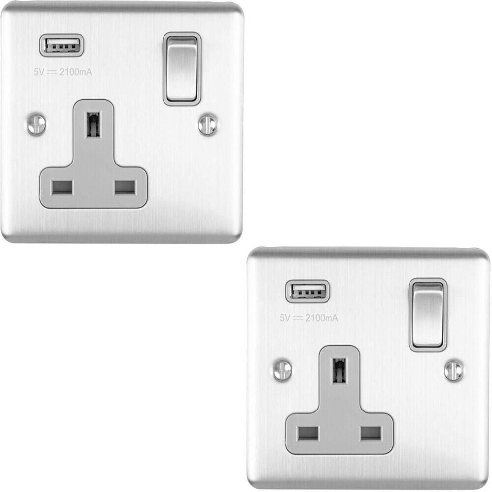 2 PACK 1 Gang Single UK Plug Socket & 2.1A USB SATIN STEEL & Grey 13A Switched