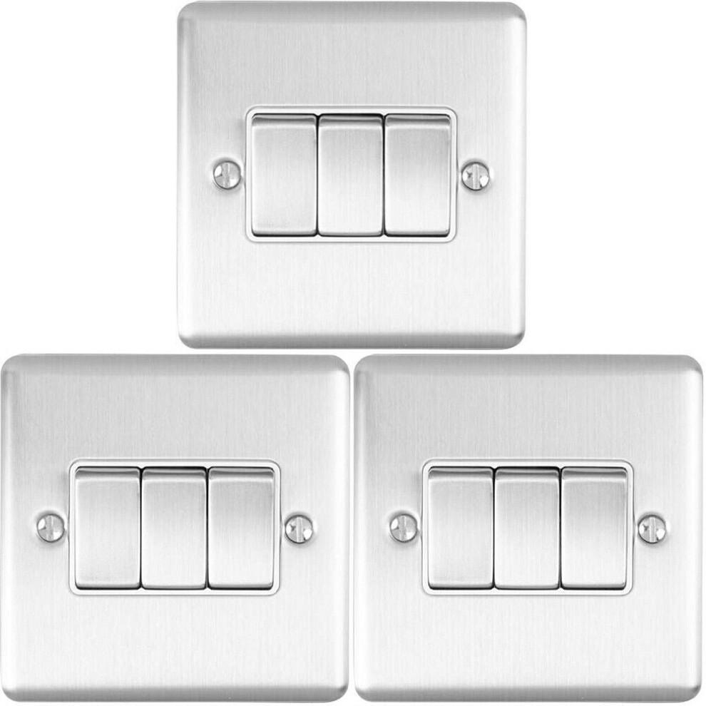 3 PACK 3 Gang Triple Metal Light Switch SATIN STEEL 2 Way 10A White Trim