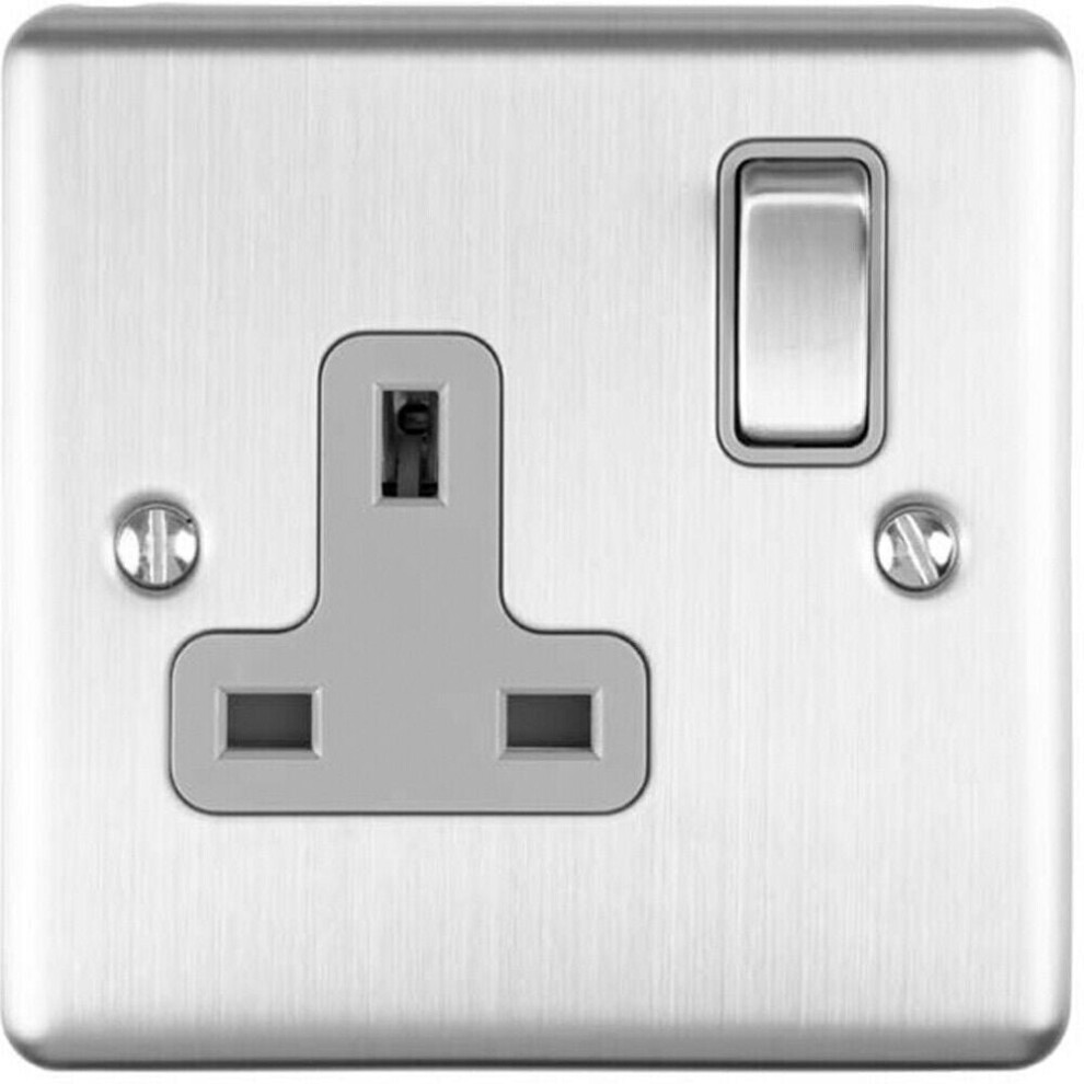 1 Gang Single UK Plug Socket SATIN STEEL 13A Switched Grey Trim Power Outlet