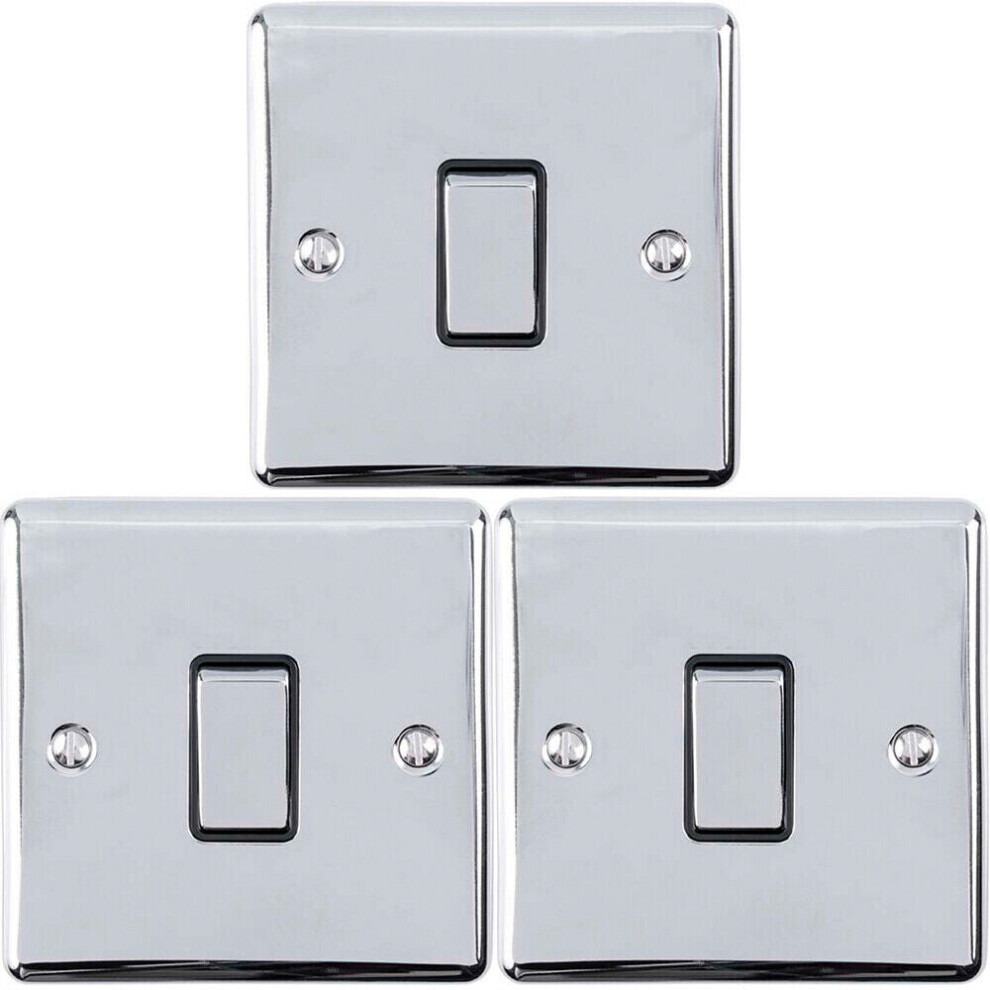 3 PACK 1 Gang Single Metal Light Switch POLISHED CHROME 2 Way 10A Black Trim