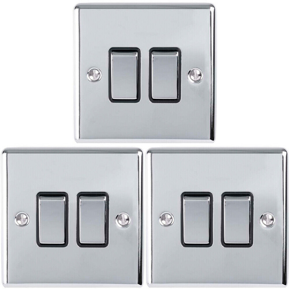 3 PACK 2 Gang Double Metal Light Switch POLISHED CHROME 2 Way 10A Black Trim