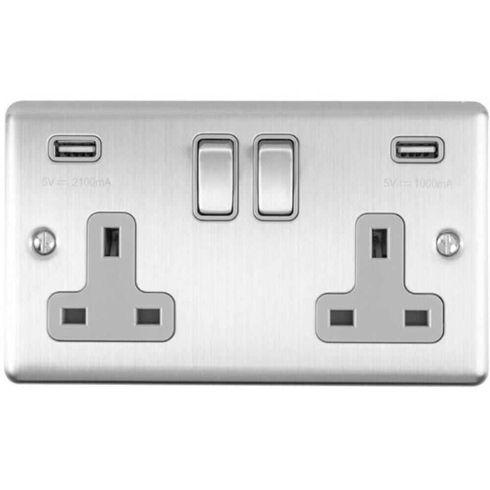 2 Gang Single UK Plug Socket & Dual 2.1A USB SATIN STEEL & Grey 13A Switched