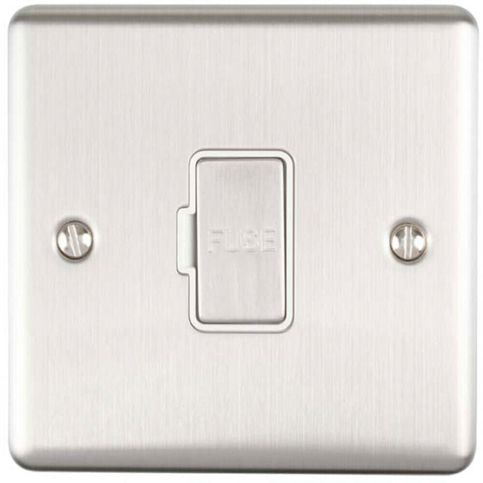 13A Dp Unswitched Fuse Spur Satin Steel & White Mains Isolation Wall Plate 5056524219126