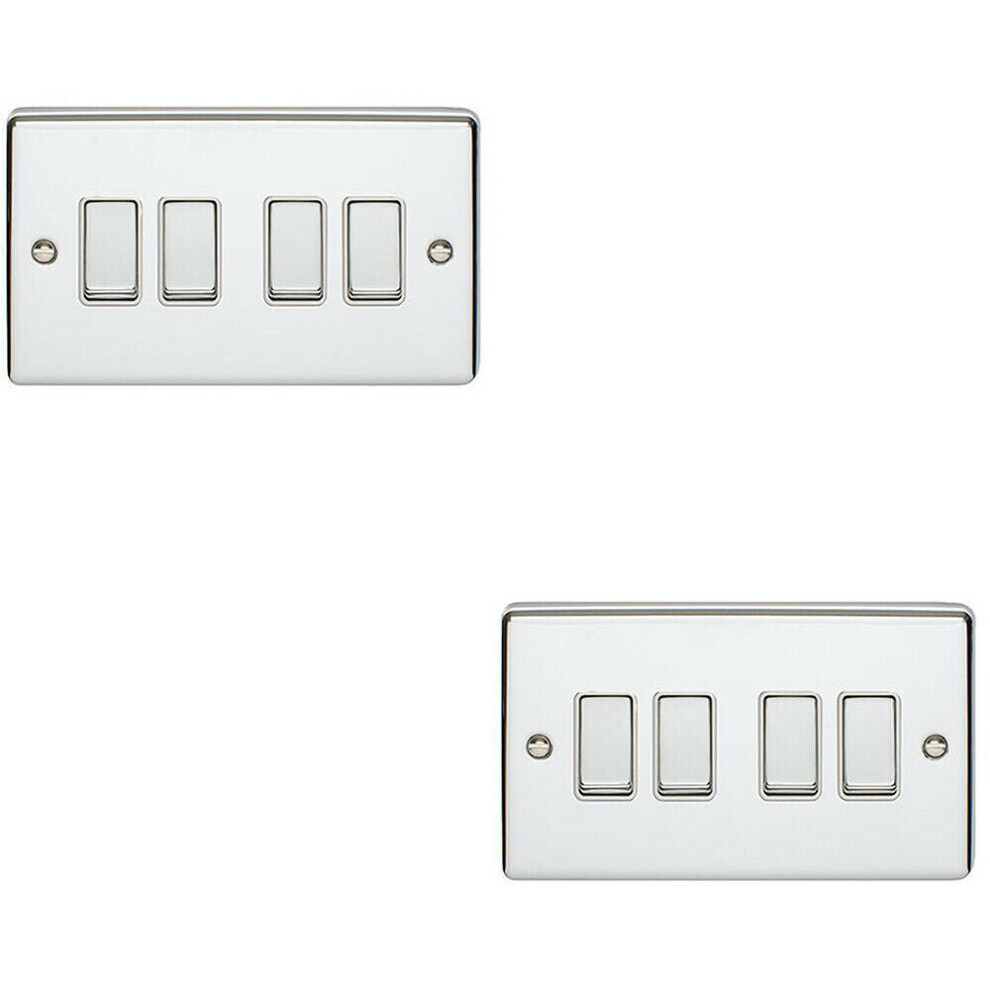 2 PACK 4 Gang Metal Quad Light Switch POLISHED CHROME 2 Way 10A White Trim