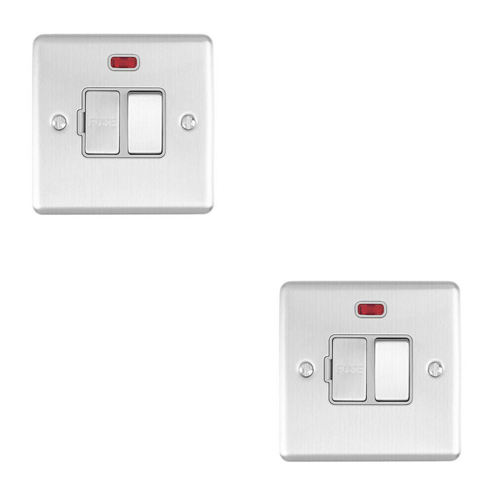 2 PACK 13A DP Switched Fuse Spur & Neon Light SATIN STEEL & Grey Isolation