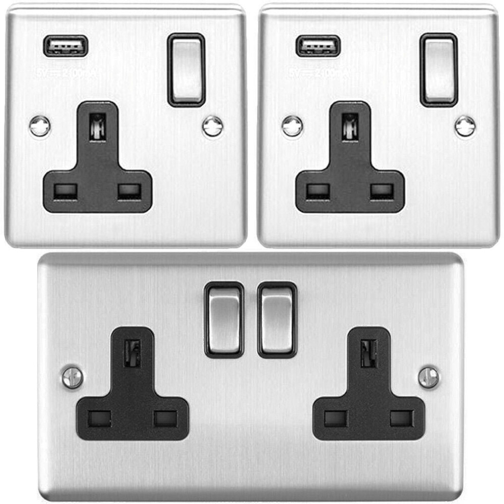 Bedside Plug Socket Pack-2x Single / USB & 1x Twin Gang-SATIN STEEL / Black 13A