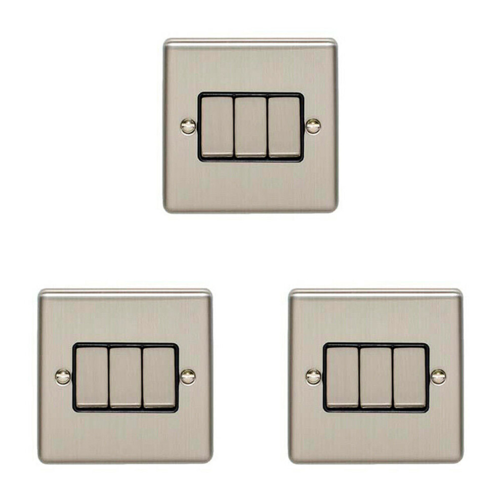 3 PACK 3 Gang Triple Metal Light Switch SATIN STEEL 2 Way 10A Black Trim