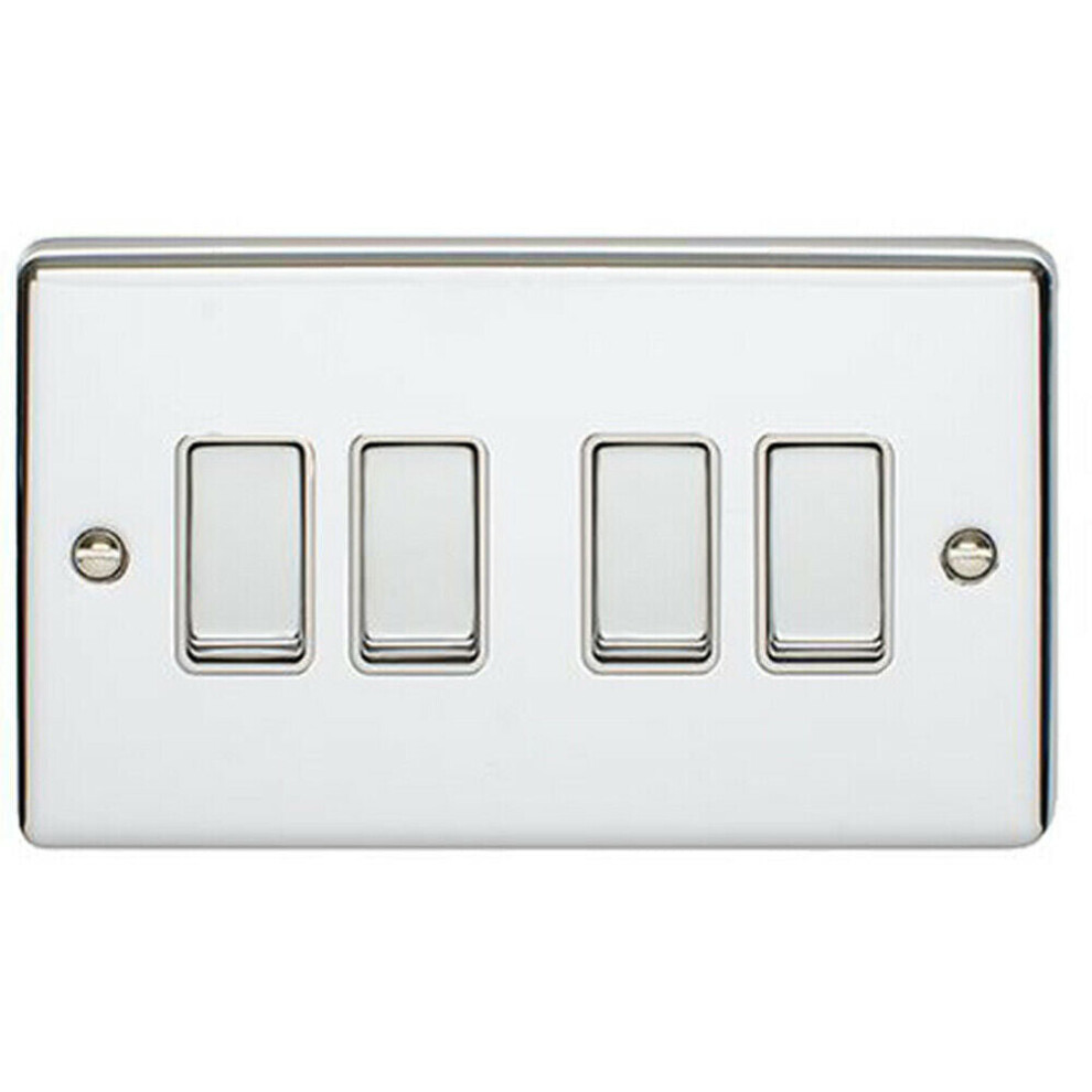 4 Gang Quad Light Switch POLISHED CHROME 2 Way 10A White Trim & Metal Rocker