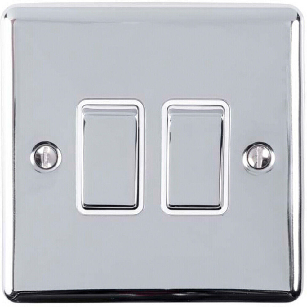 2 Gang Double Light Switch POLISHED CHROME 2 Way 10A White Trim & Metal Rocker