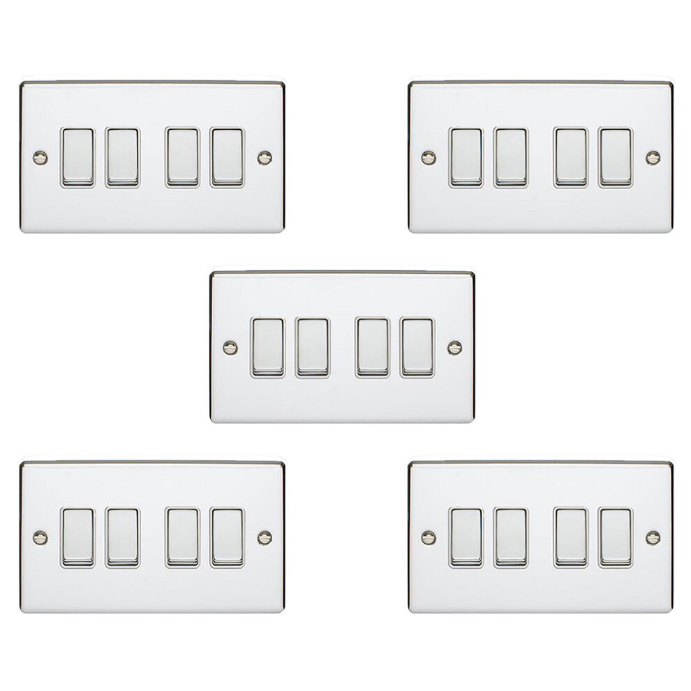 5 PACK 4 Gang Metal Quad Light Switch POLISHED CHROME 2 Way 10A White Trim