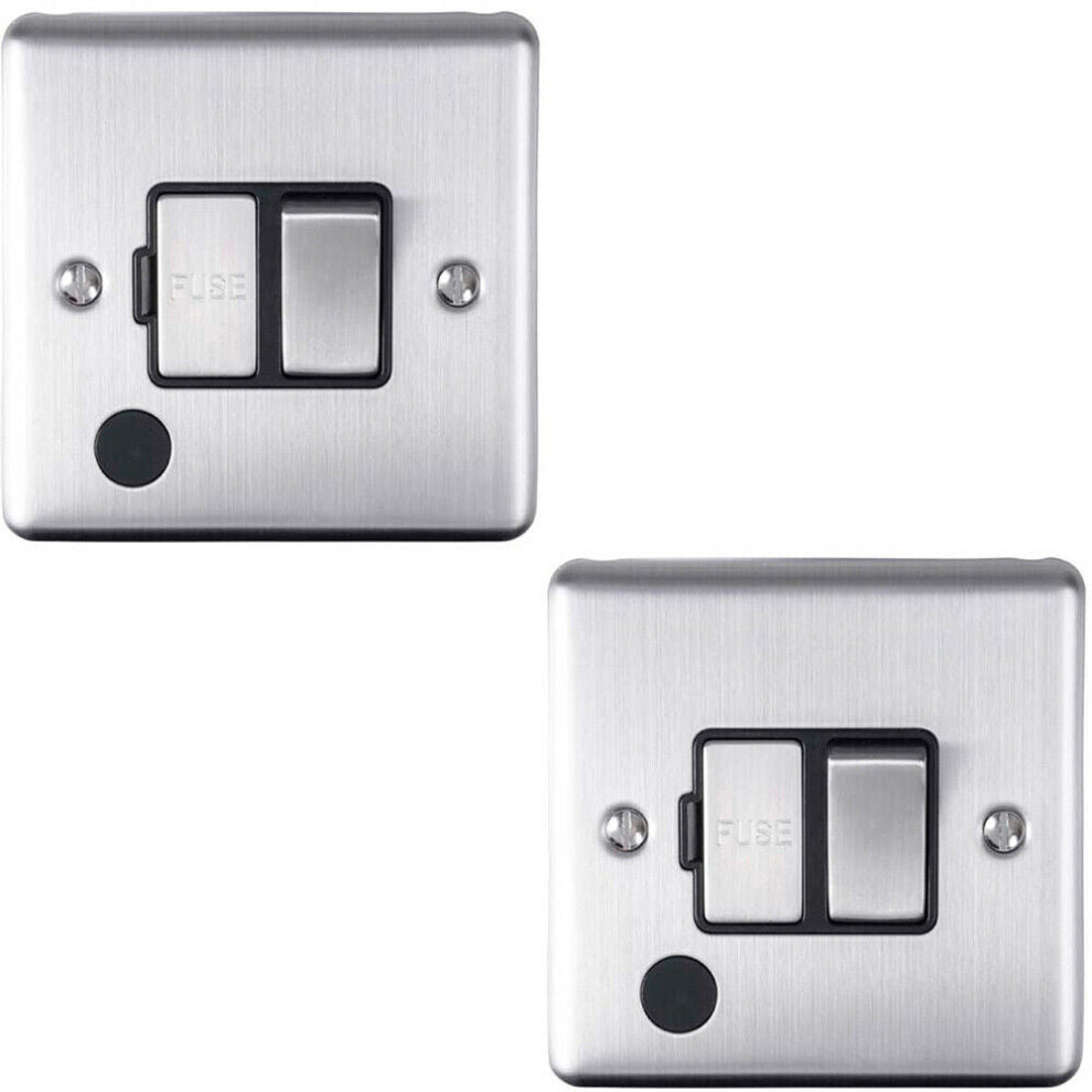 2 PACK 13A DP Switched Fuse Spur & Flex Outlet SATIN STEEL & Black Isolation