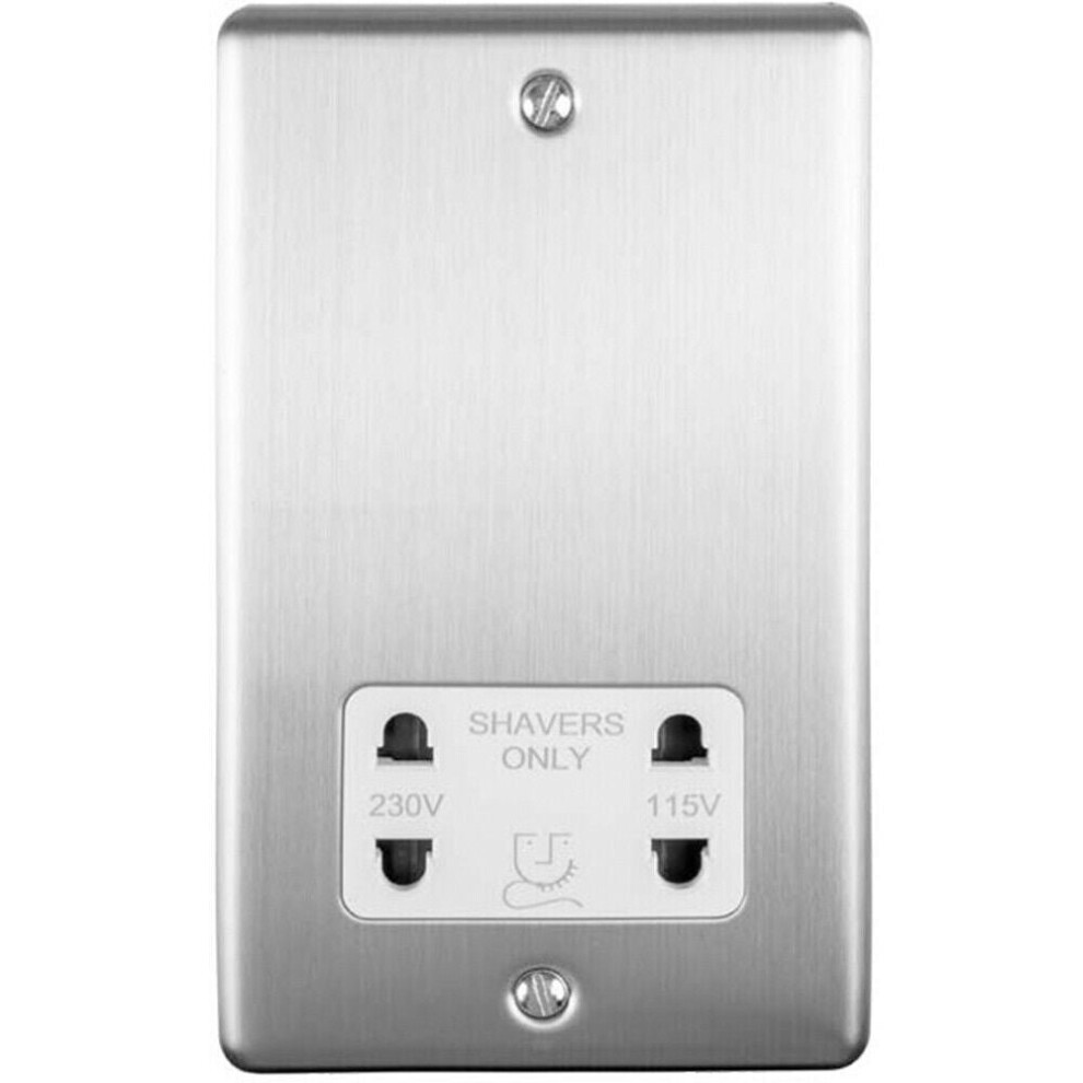 230v & 115v Shaver Twin Socket Wall Plate SATIN STEEL & White Trim 86mm x 146mm