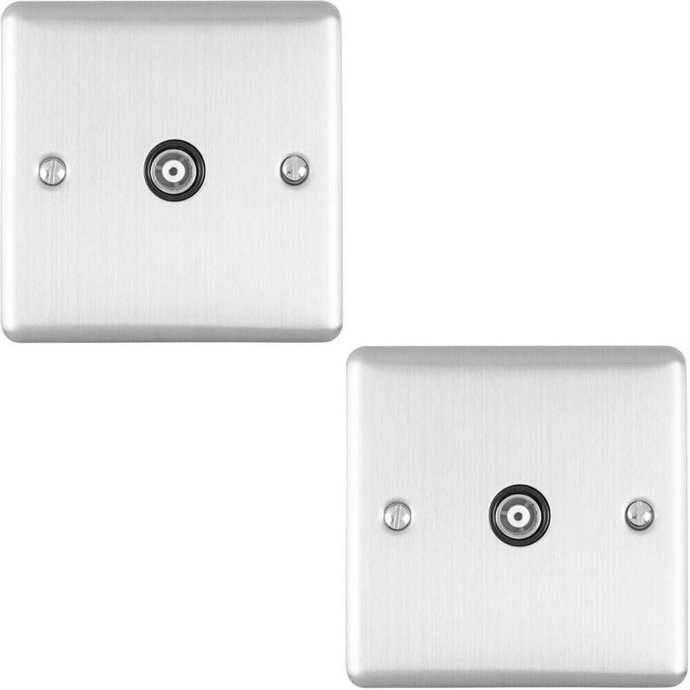 2 PACK SATIN STEEL Single Aerial Coaxial Socket Female Wall Plate Black Trim