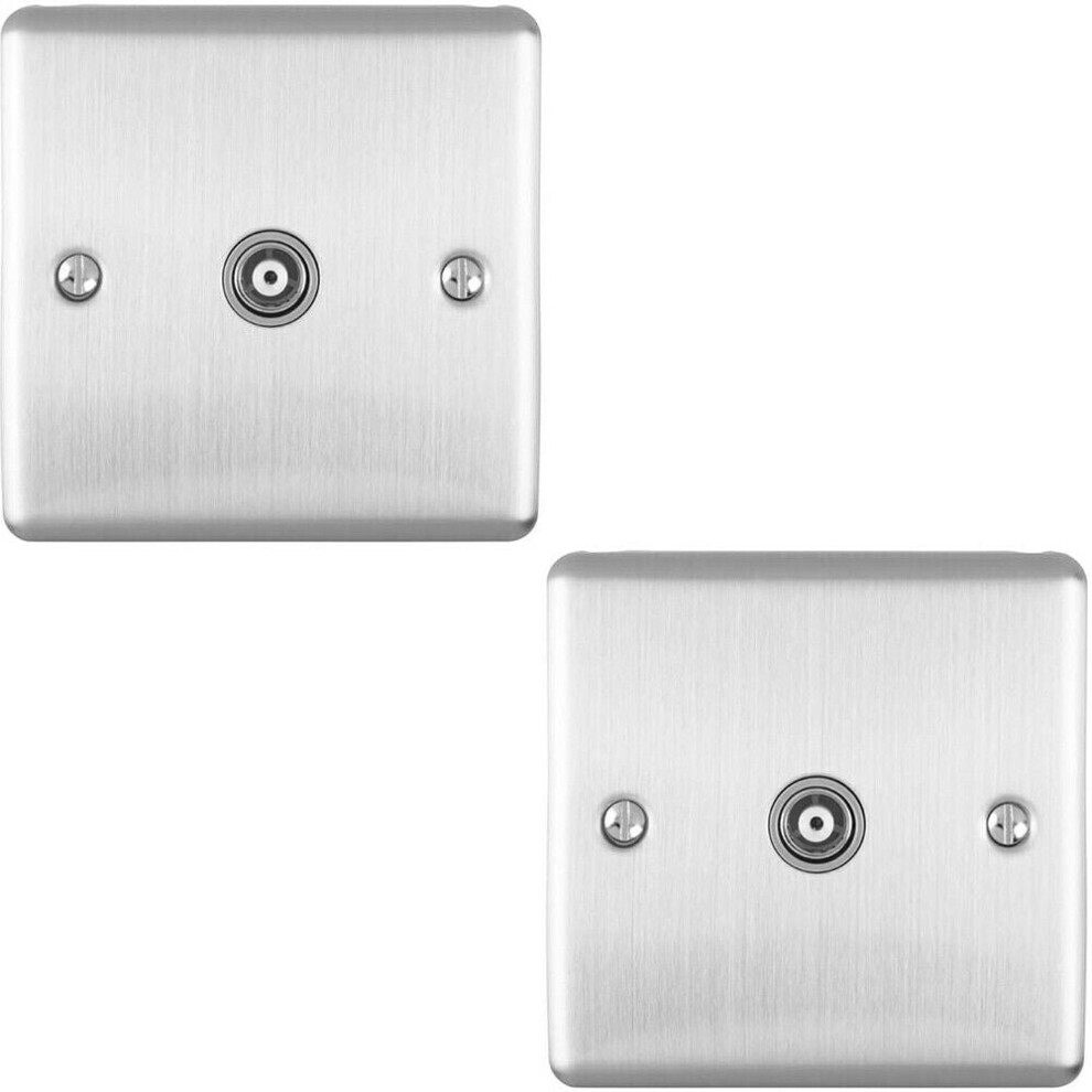 2 PACK SATIN STEEL Single Aerial Coaxial Socket Female Wall Plate Grey Trim