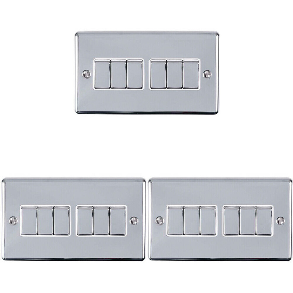 3 PACK 6 Gang Metal Multi Light Switch POLISHED CHROME 2 Way 10A White Trim