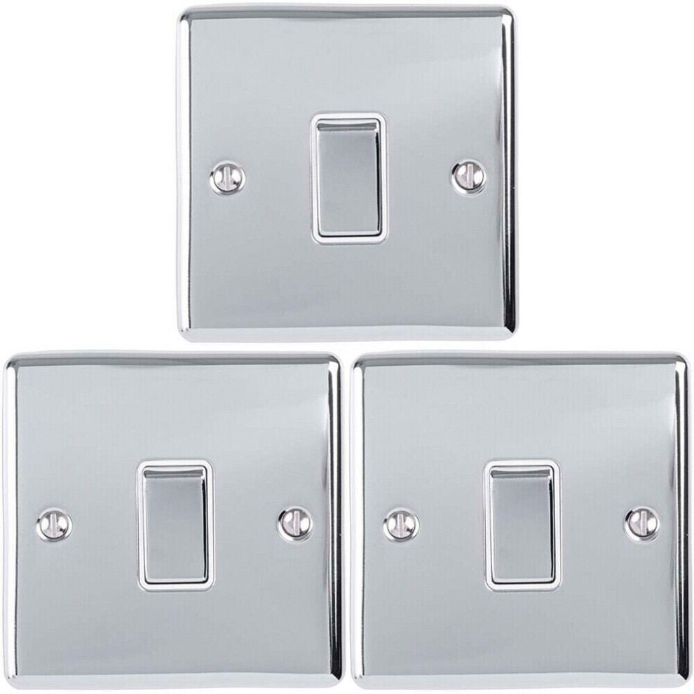 3 PACK 1 Gang Single Metal Light Switch POLISHED CHROME 2 Way 10A White Trim