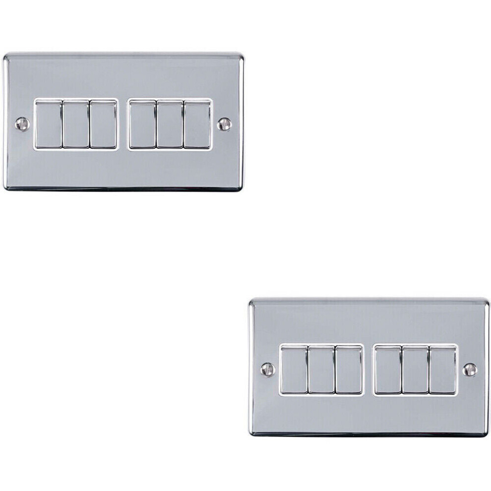 2 PACK 6 Gang Metal Multi Light Switch POLISHED CHROME 2 Way 10A White Trim