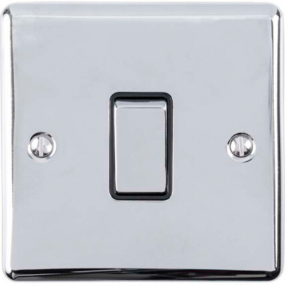 1 Gang Single Light Switch POLISHED CHROME 2 Way 10A Black Trim & Metal Rocker