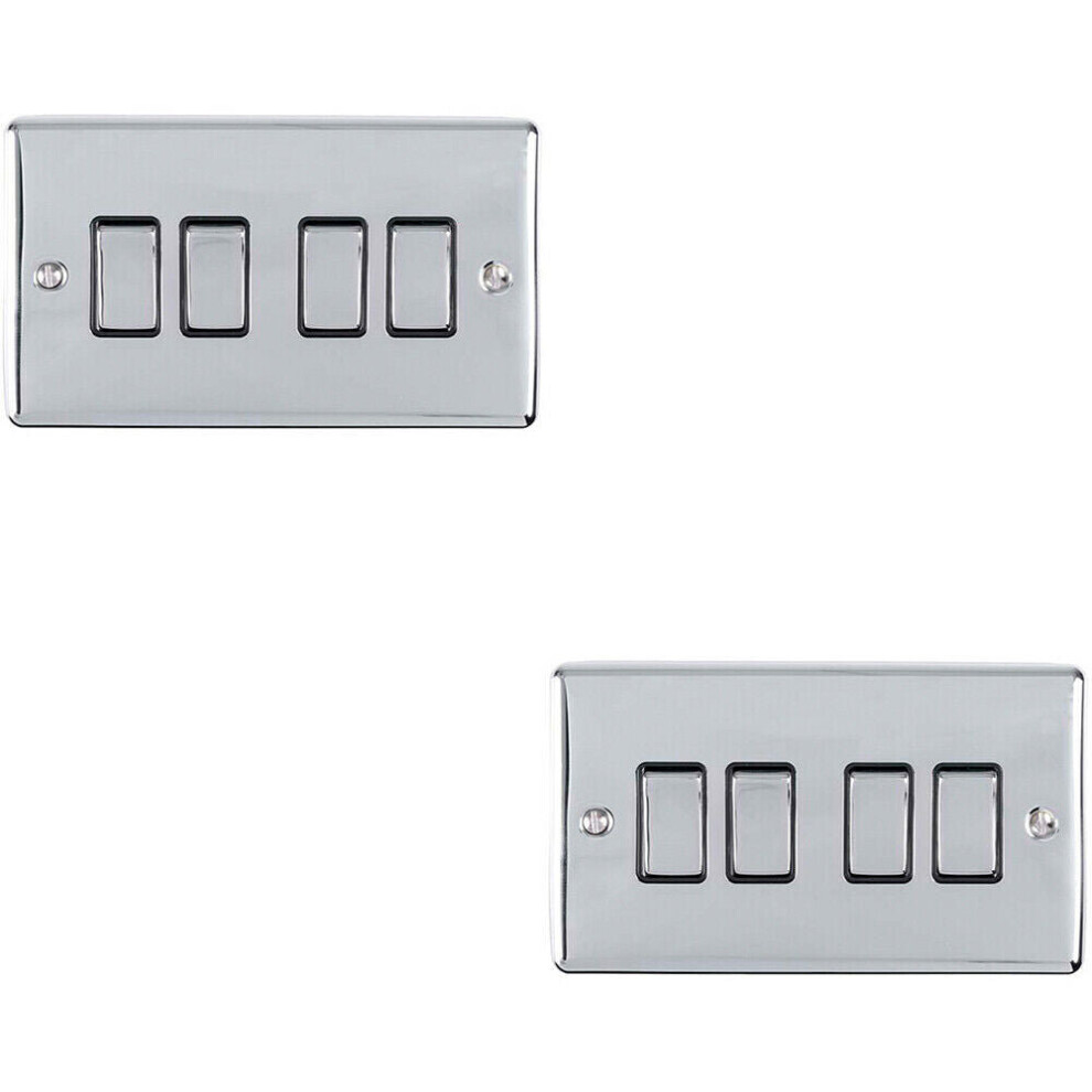 2 PACK 4 Gang Metal Quad Light Switch POLISHED CHROME 2 Way 10A Black Trim