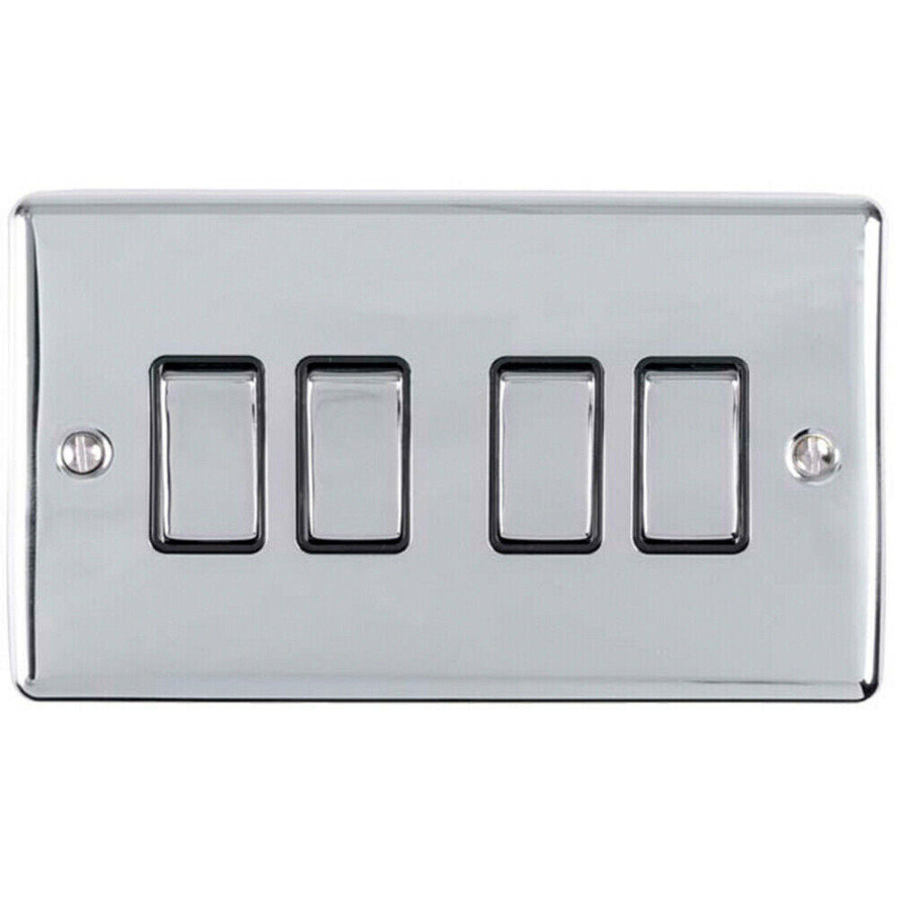 Loops 4 Gang Quad Light Switch Polished Chrome 2 Way 10A Black Trim & Metal Rocker