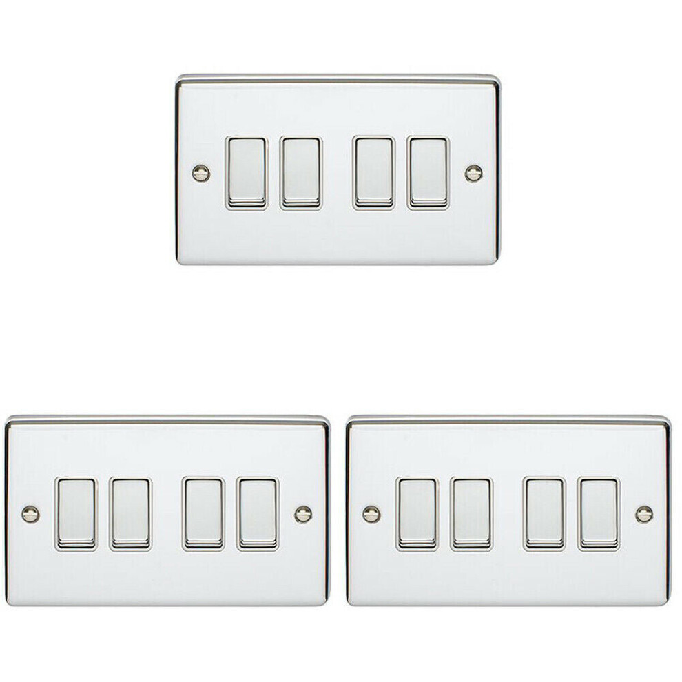 3 PACK 4 Gang Metal Quad Light Switch POLISHED CHROME 2 Way 10A White Trim