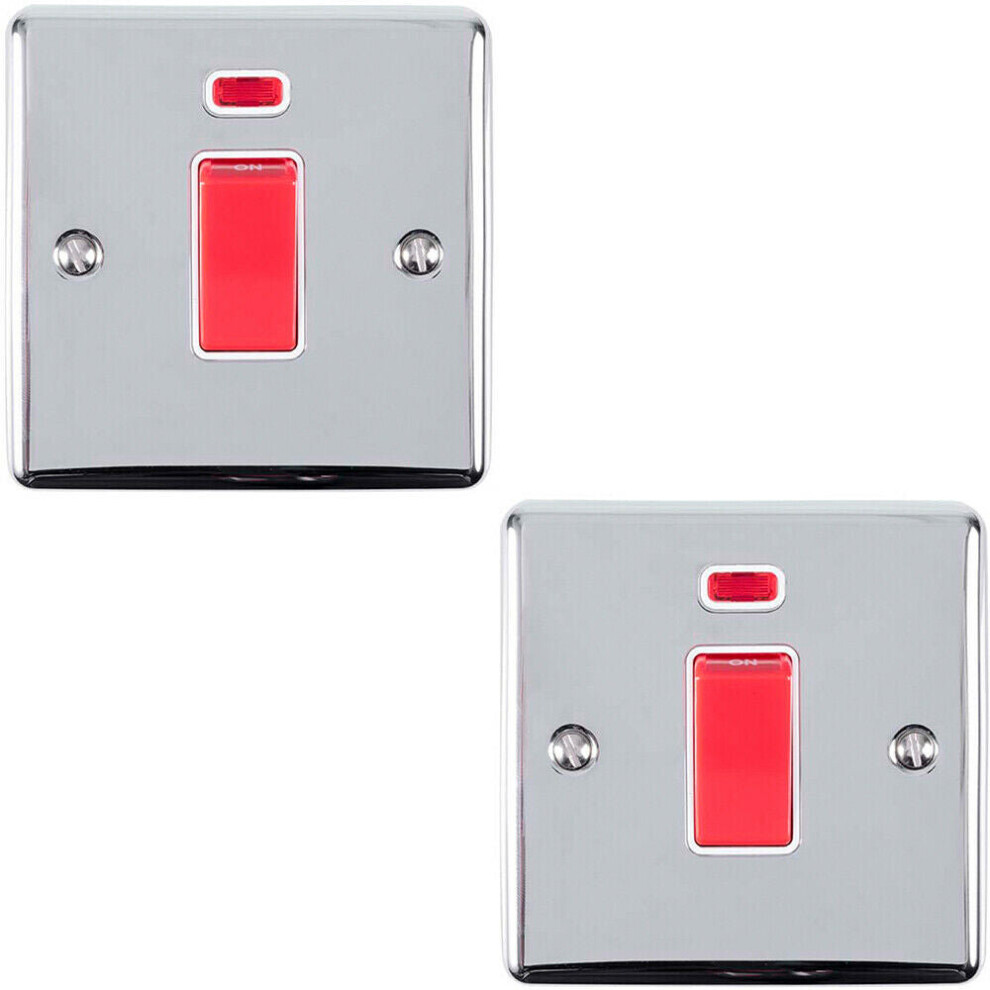 2 PACK 45A DP Oven Switch & Neon Appliance Light CHROME & White Trim