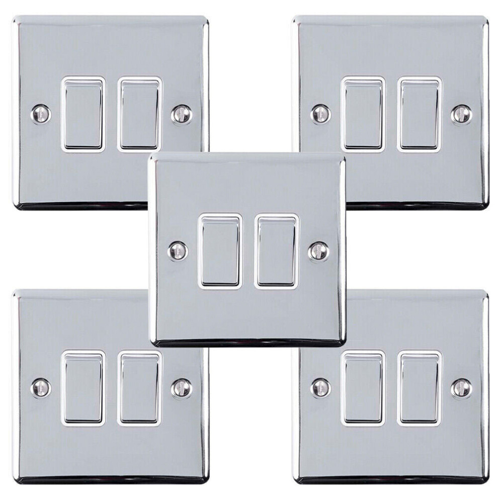 5 Pack 2 Gang Double Metal Light Switch Polished Chrome 2 Way 10A White Trim 5056524219690