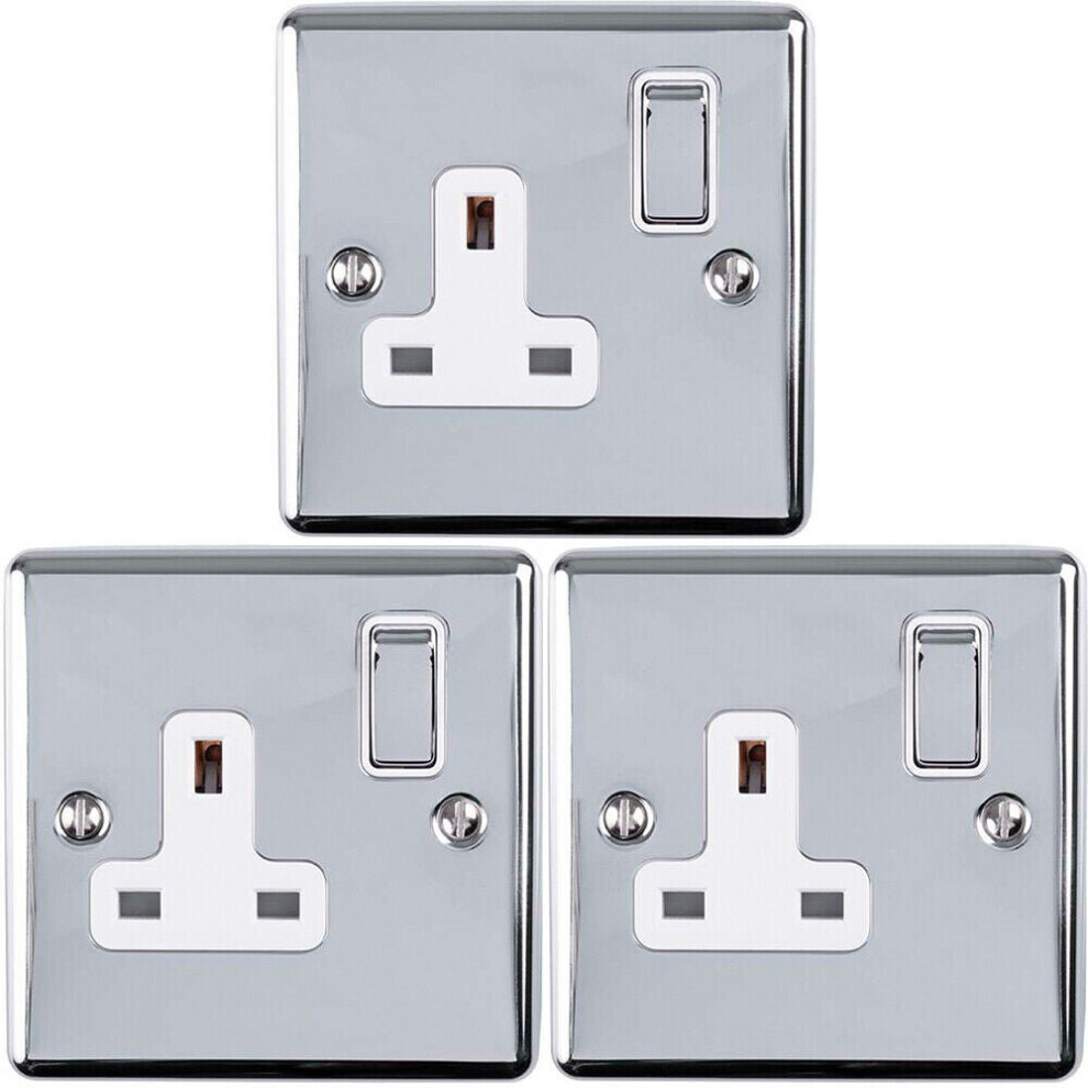 3 PACK 1 Gang Single UK Plug Socket POLISHED CHROME 13A Switched White Trim