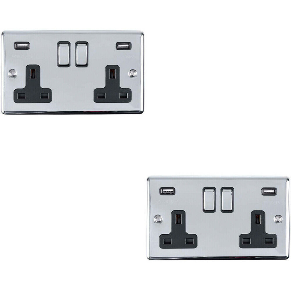 2 PACK 2 Gang Single UK Plug Socket & 2.1A USB CHROME & Black 13A Switched