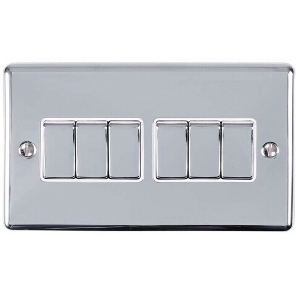 6 Gang Multi Light Switch POLISHED CHROME 2 Way 10A White Trim & Metal Rocker