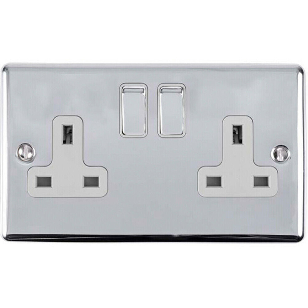 2 Gang Double UK Plug Socket POLISHED CHROME & White 13A Switched Power Outlet