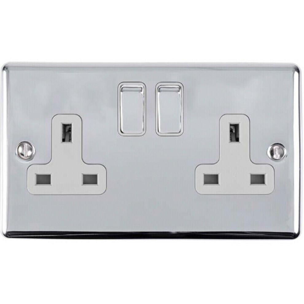 Loops 2 Gang Double Uk Plug Socket Polished Chrome & 13A Switched Power Outlet White